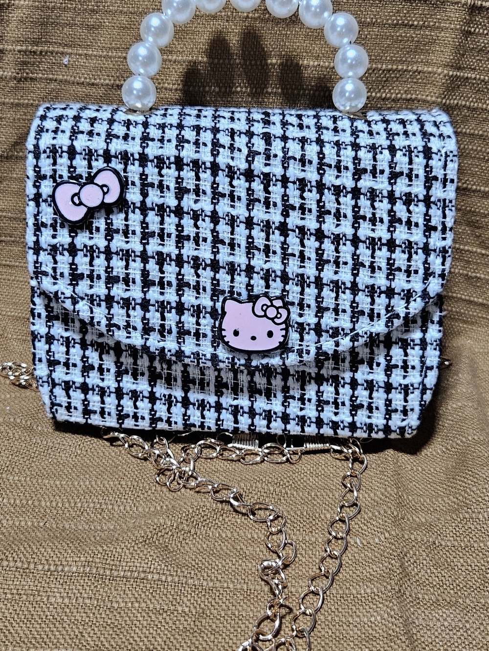 Pearl-Handle Black & White Tweed Crossbody Bag